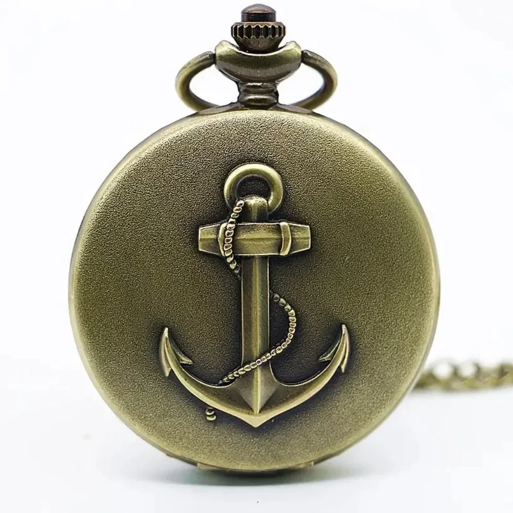 Anchor Design Vintage Bronze Pocket Watch with Chain Necklace Unique